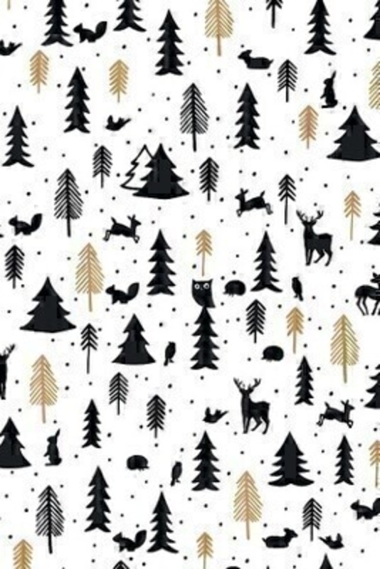 A delightful winter wonderland black and gold themed wrapping paper with Christmas Trees and Woodland Animals. Approx size 1.5m